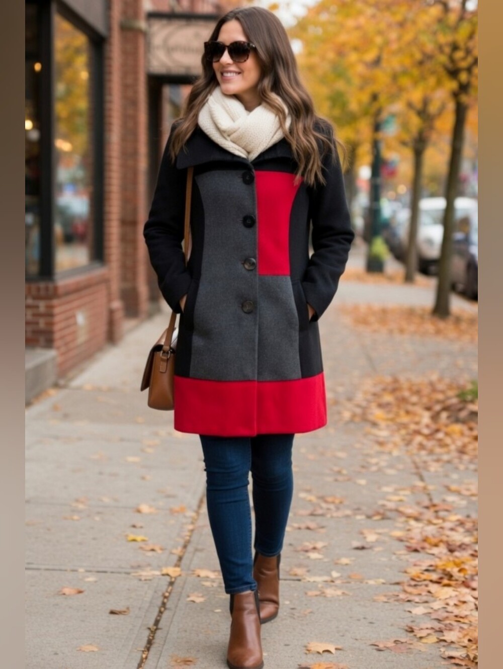 Jessica Red, Black & Grey Colorblock Mid-length Button-up Coat Size L